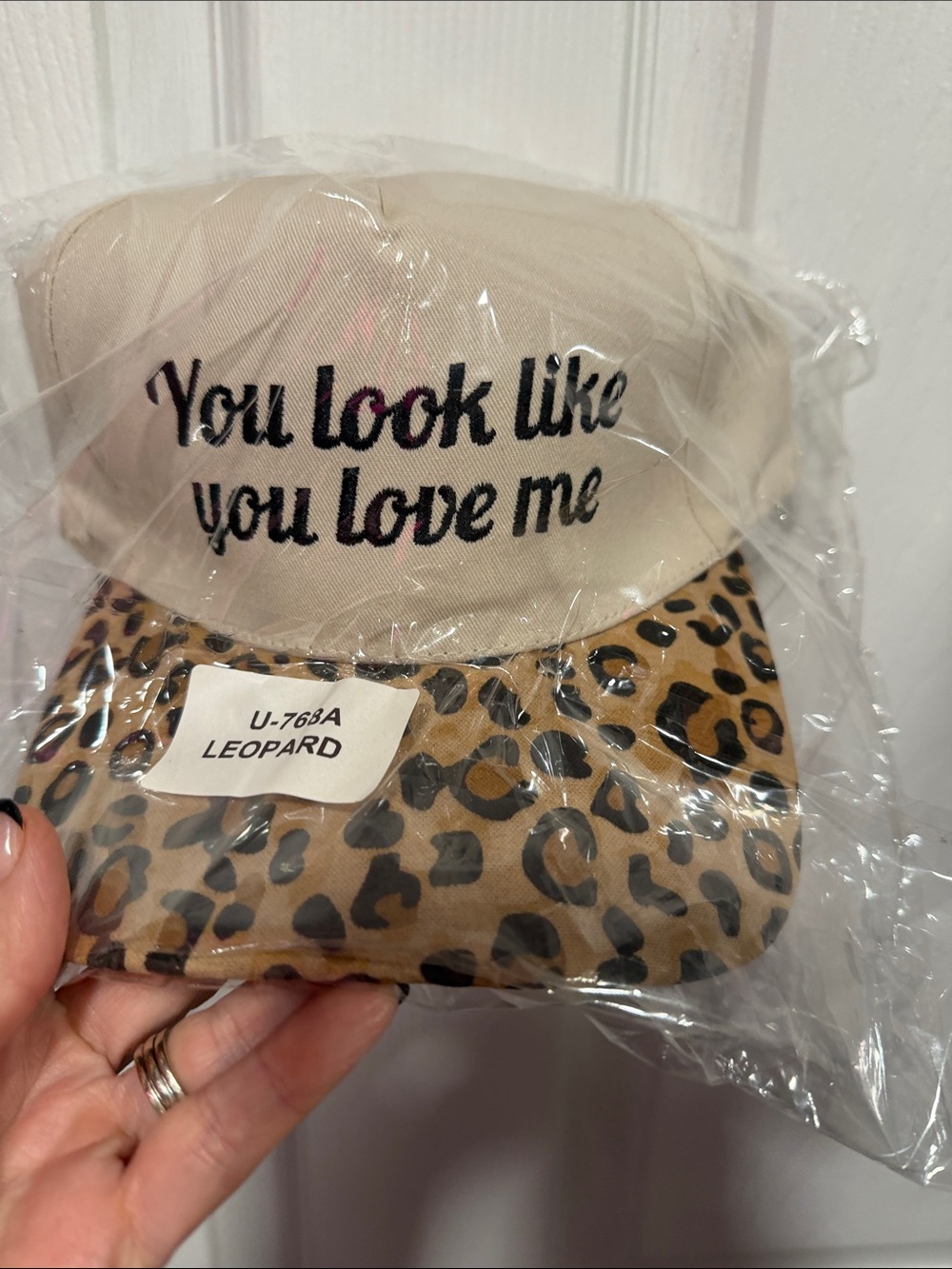 Beige & Leopard Print Cap - "You Look Like You Love Me"